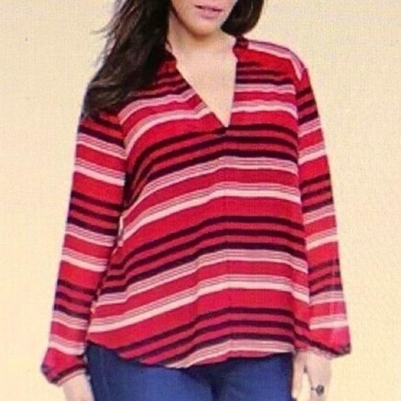 torrid Tops - TORRID	LONG SLEEVE SHEER STRIPED  BLOUSE-2XL
